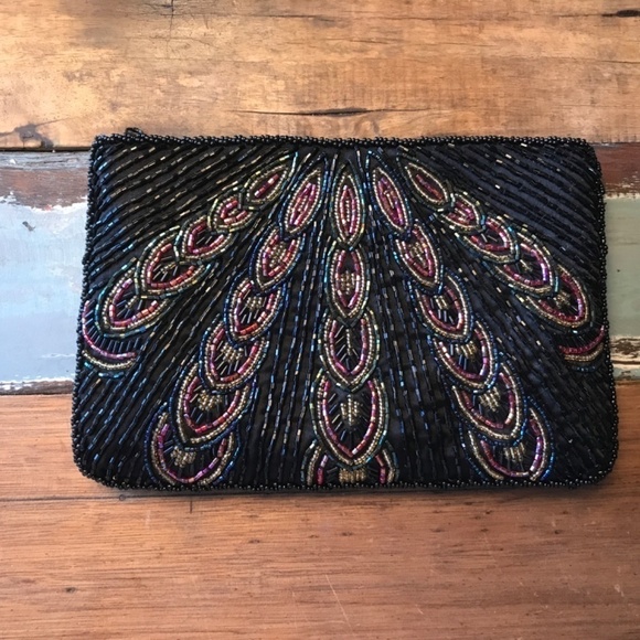 Vintage Beaded Peacock Clutch Formal Black/pink/gold - Picture 2 of 9